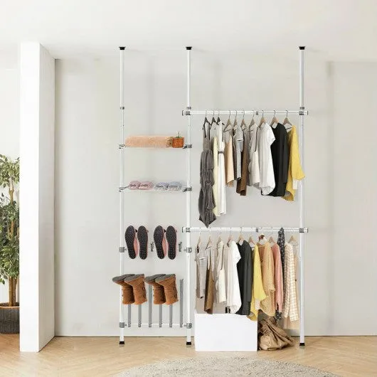 2 Tier Telescopic Clothes Hangers with Shoe Rack & Shelf