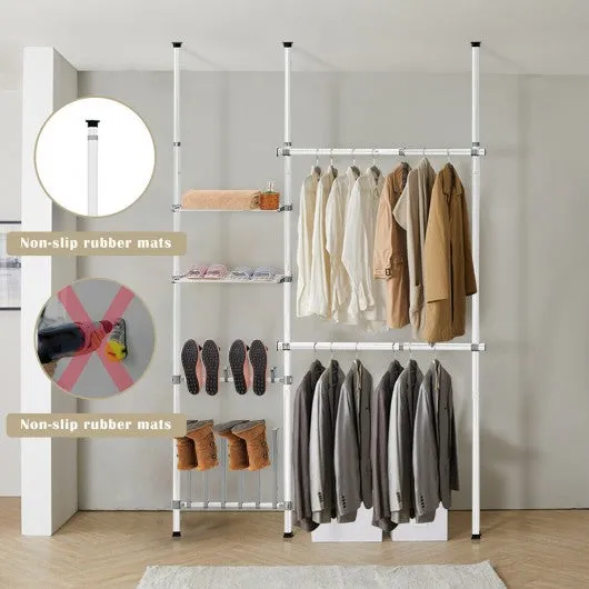 2 Tier Telescopic Clothes Hangers with Shoe Rack & Shelf