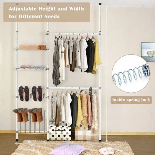 2 Tier Telescopic Clothes Hangers with Shoe Rack & Shelf