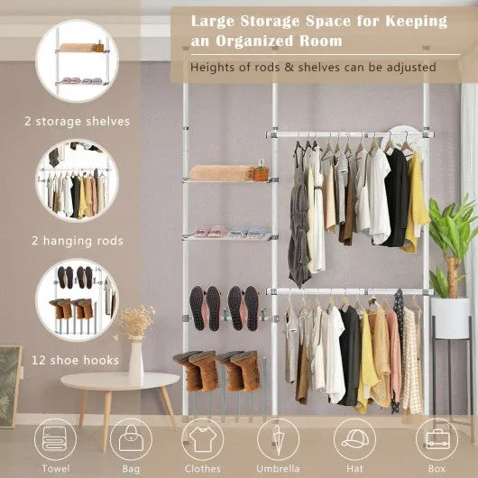 2 Tier Telescopic Clothes Hangers with Shoe Rack & Shelf