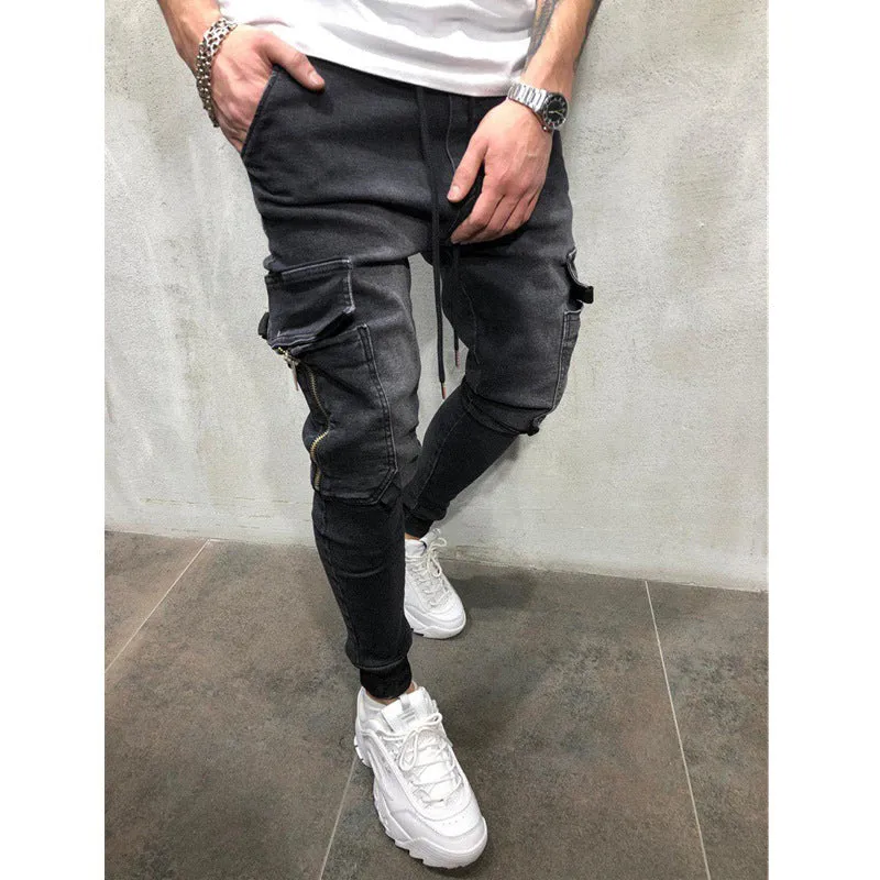 2023 European and American Multi-Pocket Hot Trade Men's Hip Hop Washed Casual Sports Pants Ankle-Tied Jeans Men's Autumn and Winter Men's Clothing