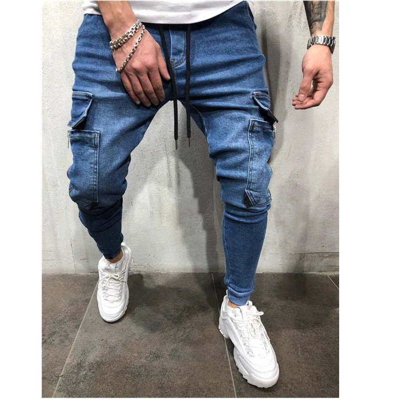 2023 European and American Multi-Pocket Hot Trade Men's Hip Hop Washed Casual Sports Pants Ankle-Tied Jeans Men's Autumn and Winter Men's Clothing