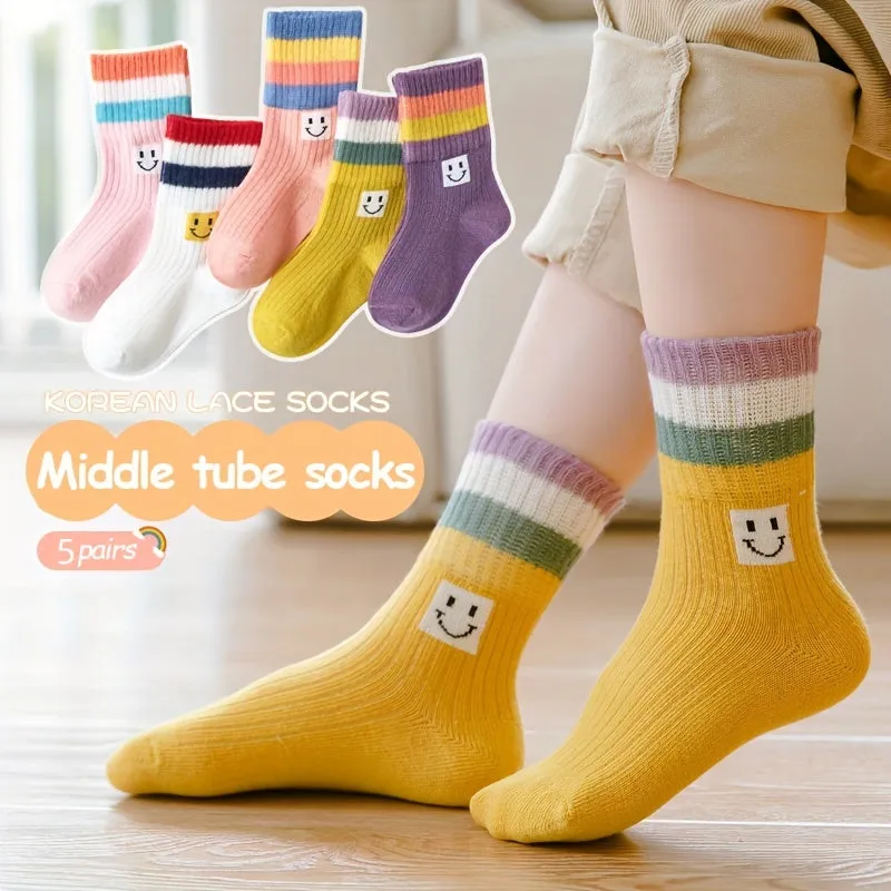 5 Pairs of Children'S Socks, Colorful Stripes, Breathable And Comfortable Socks, Autumn And Winter New Mid-Tube Socks, Children'S Socks, Boys And Girls Floor Socks, Sports Socks