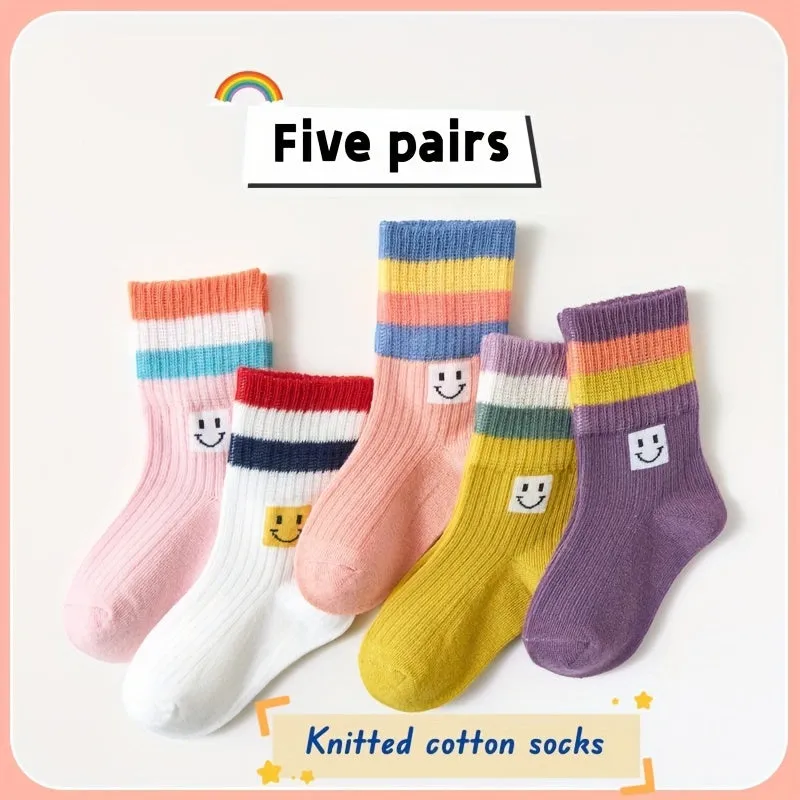 5 Pairs of Children'S Socks, Colorful Stripes, Breathable And Comfortable Socks, Autumn And Winter New Mid-Tube Socks, Children'S Socks, Boys And Girls Floor Socks, Sports Socks