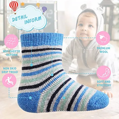 6 Pairs Baby Boy Girl Non Slip Socks Child Toddler Winter Thick Soft Wool Kids Warm Socks with Grips(Grey/Rose Red/White/Purple/Light Green/Pink, 0-12 Months)