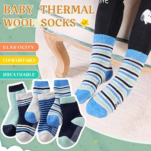 6 Pairs Baby Boy Girl Non Slip Socks Child Toddler Winter Thick Soft Wool Kids Warm Socks with Grips(Grey/Rose Red/White/Purple/Light Green/Pink, 0-12 Months)