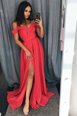 A-Line Cold Shoulder Red Satin Prom/Evening Dress with Split PG616