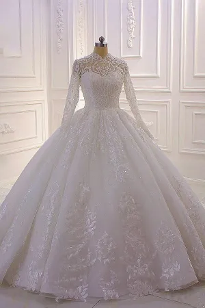 A-Line High Neck Long Sleeve Wedding Dress with Lace Appliques, Ruffles, Pearls, and Sequins