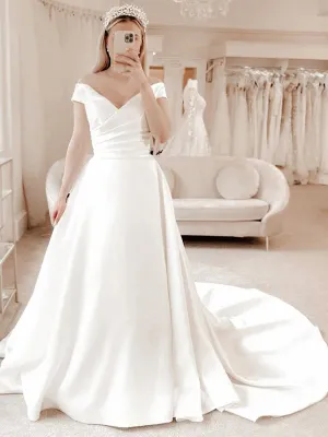 A-Line V-neck Court Train Satin Wedding Dresses With Pleated