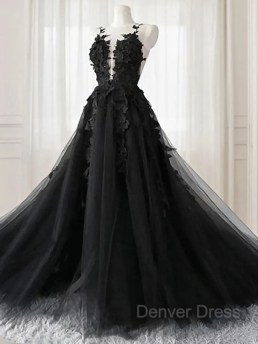 A-Line V-neck Court Train Tulle Wedding Dress with Appliques Lace