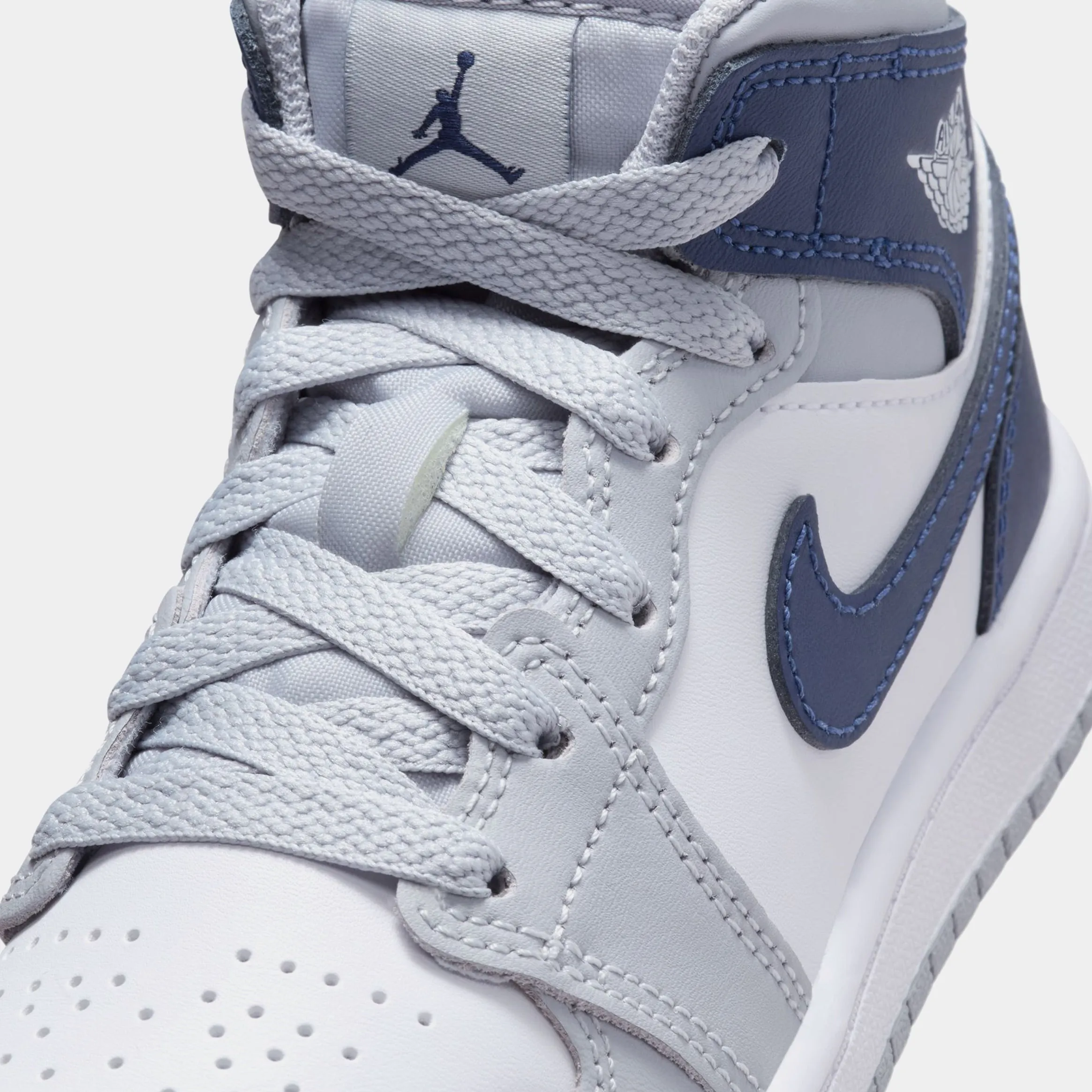 Air Jordan 1 Retro Mid Wolf Grey Midnight Navy Preschool Basketball Shoes (White/Wolf Grey/Midnight Navy)