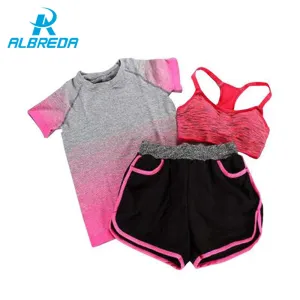 ALBREDA Women Yoga Sport Suit Bra Set 3 Piece Female Short-sleeves Summer Outdoor perspiration wicking Sportwear Running Clothes