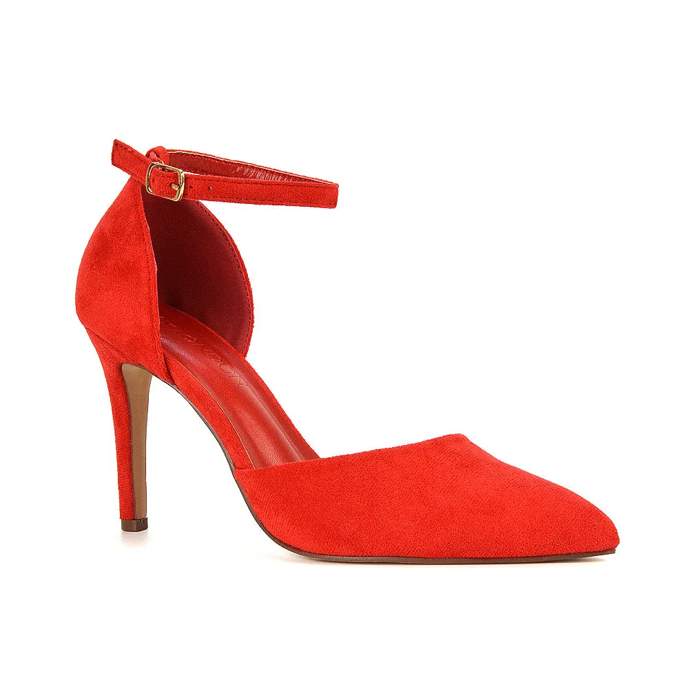 Ami High Heel Stilettos Pointed Toe Strappy Court Shoes in Red Faux Suede