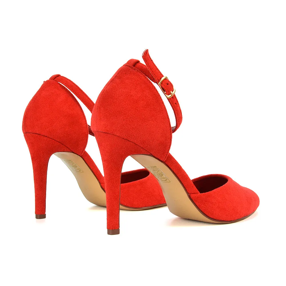 Ami High Heel Stilettos Pointed Toe Strappy Court Shoes in Red Faux Suede