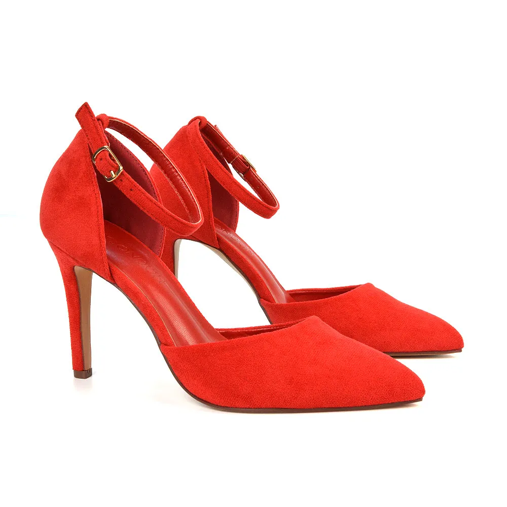 Ami High Heel Stilettos Pointed Toe Strappy Court Shoes in Red Faux Suede