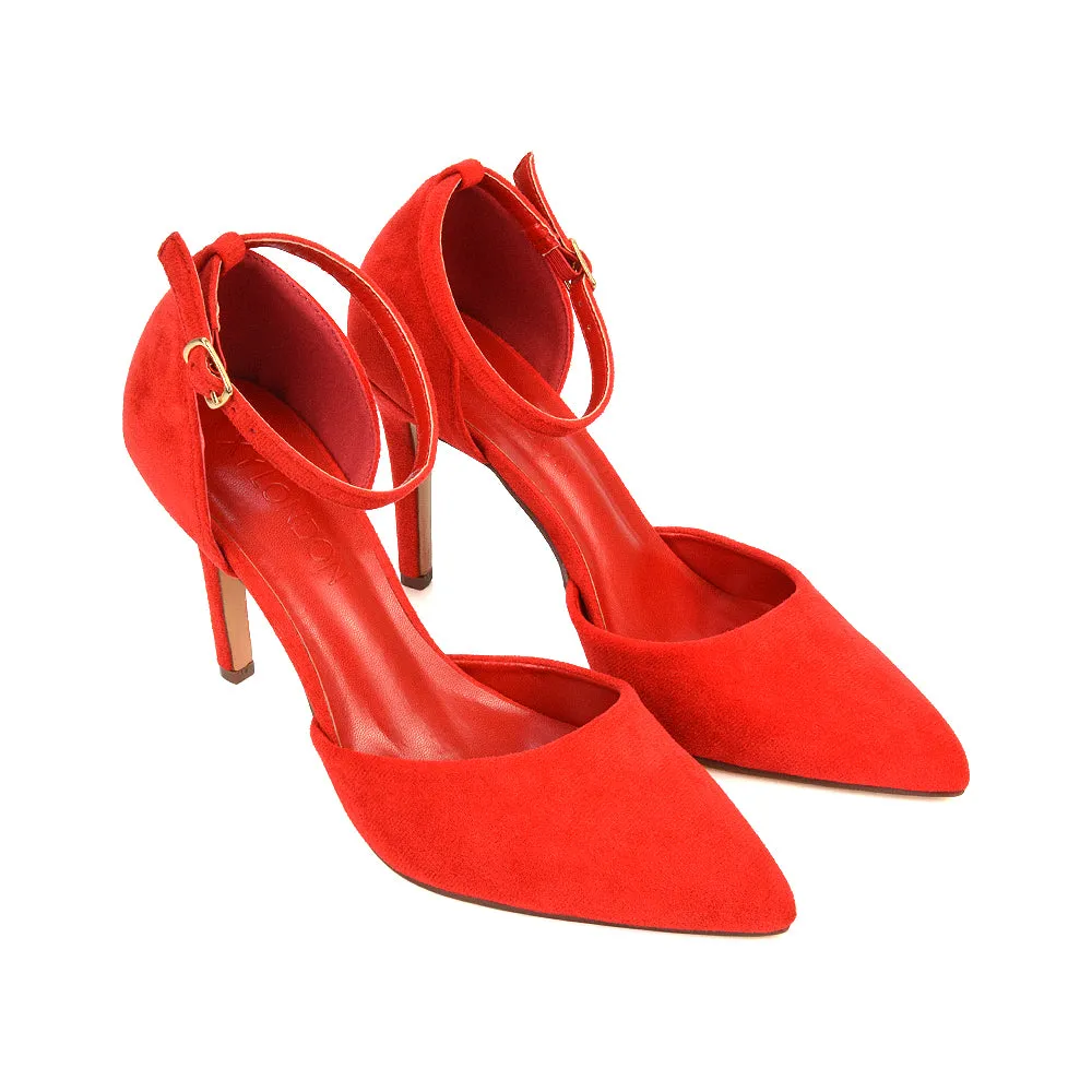 Ami High Heel Stilettos Pointed Toe Strappy Court Shoes in Red Faux Suede