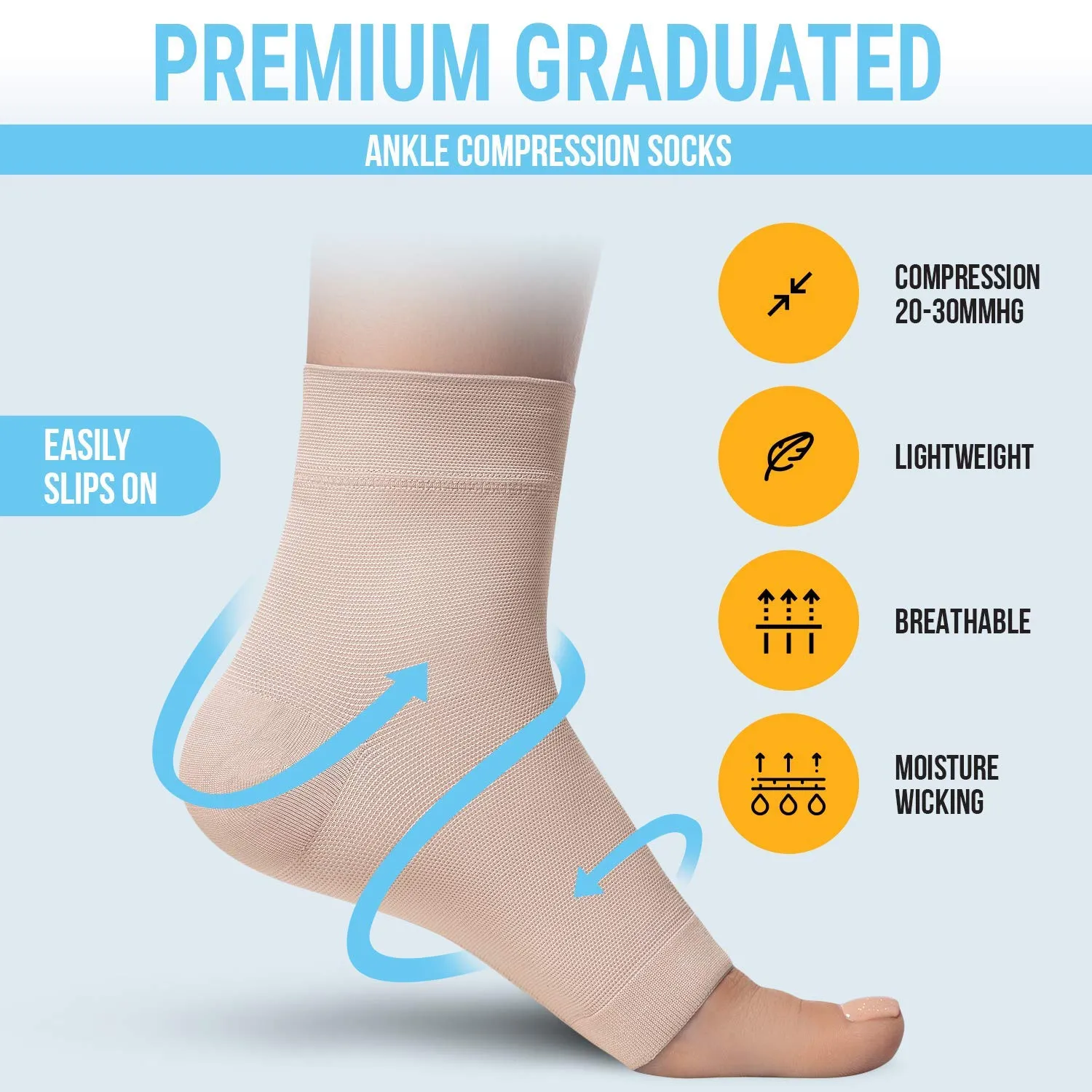 Ankle Compression Sleeve - 20-30mmhg Open Toe Сompression Socks for Swelling, Plantar Fasciitis, Sprain, Neuropathy - Nano Brace for Women and Men Beige Medium