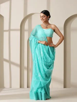 Aqua Green Rahet Hand Chikankari Saree with Blouse Fabric