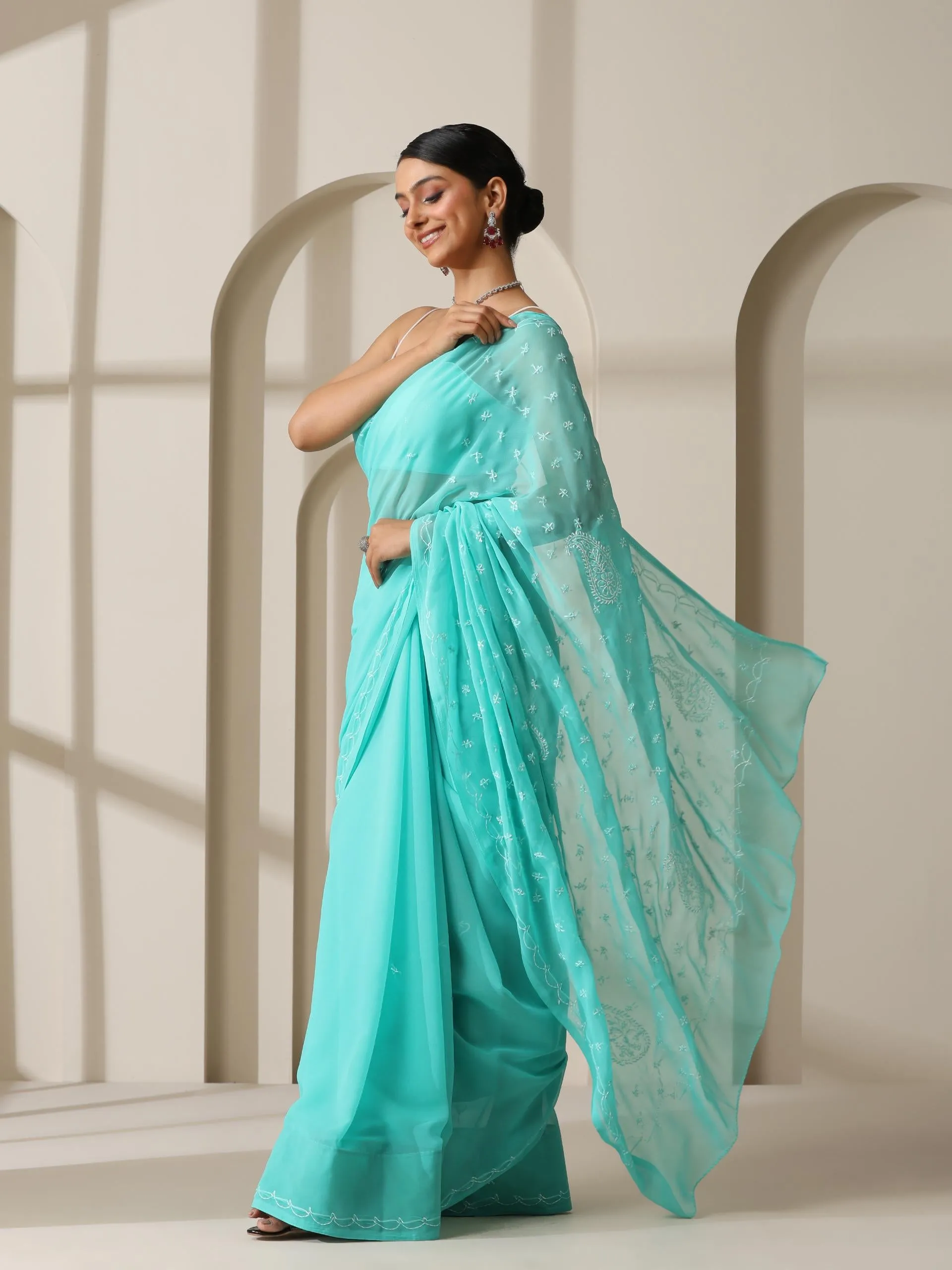 Aqua Green Rahet Hand Chikankari Saree with Blouse Fabric