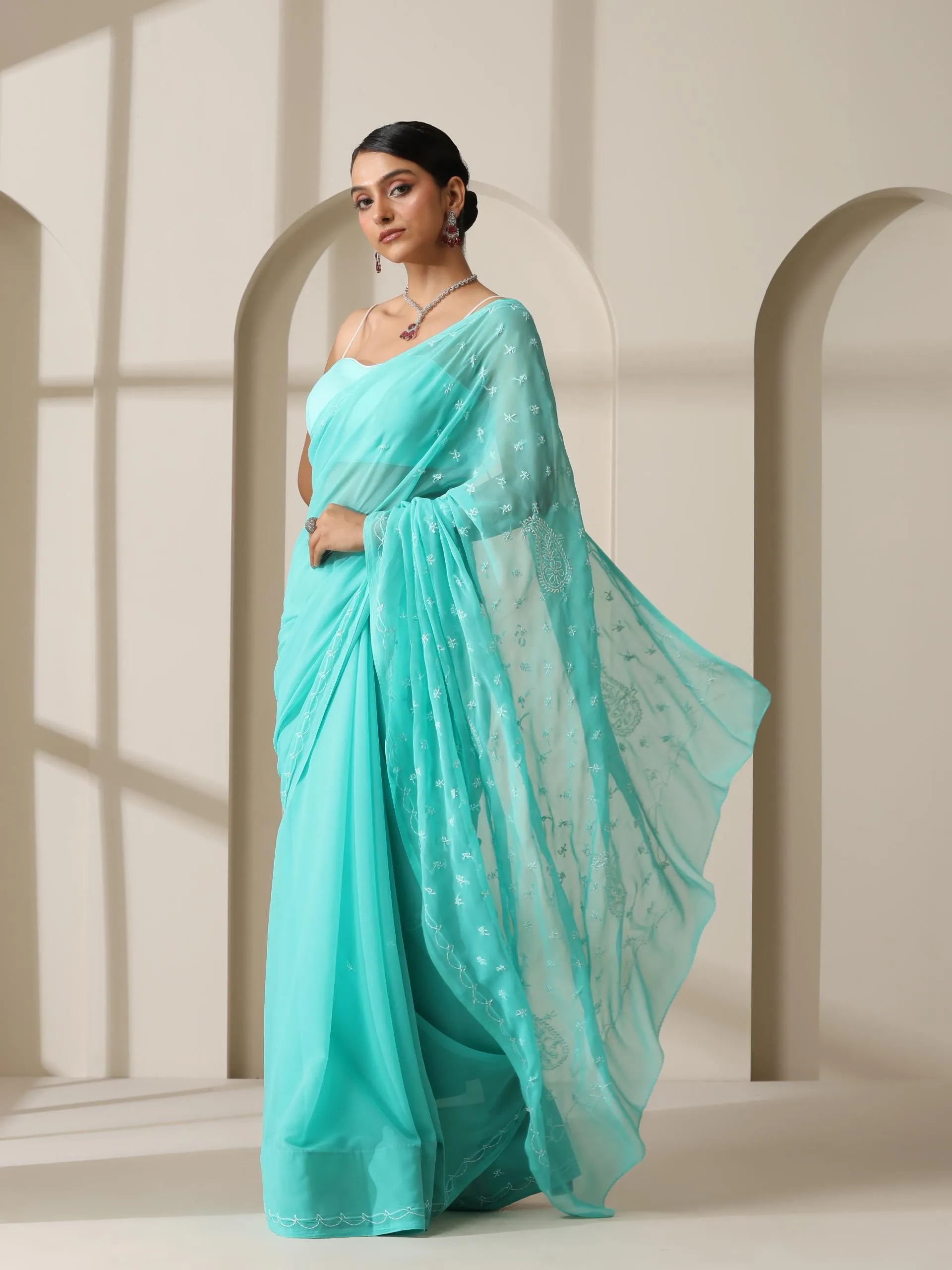 Aqua Green Rahet Hand Chikankari Saree with Blouse Fabric