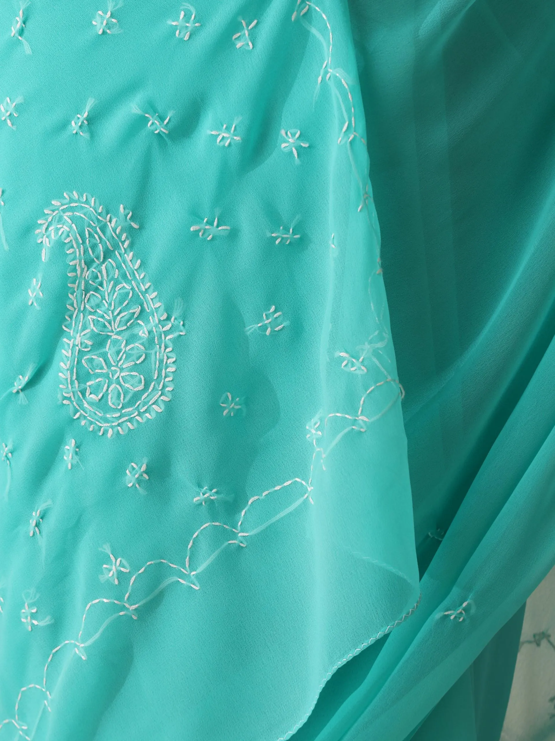 Aqua Green Rahet Hand Chikankari Saree with Blouse Fabric