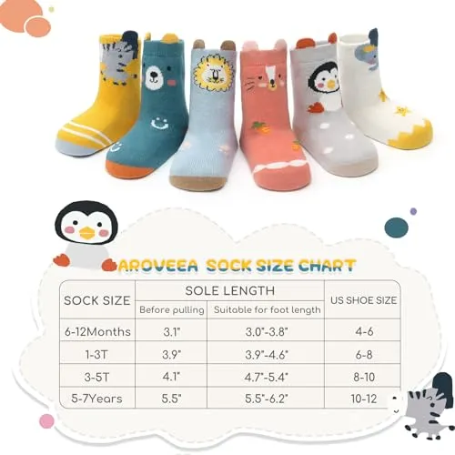 Aroveea Baby Toddle Socks Grip Non Slip Boys Girls Cotton Socks 12 Pack for 1-3T Kids Ankle Cute Socks 6M-7Years