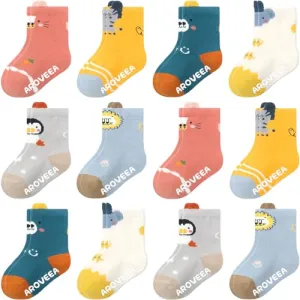 Aroveea Baby Toddle Socks Grip Non Slip Boys Girls Cotton Socks 12 Pack for 1-3T Kids Ankle Cute Socks 6M-7Years