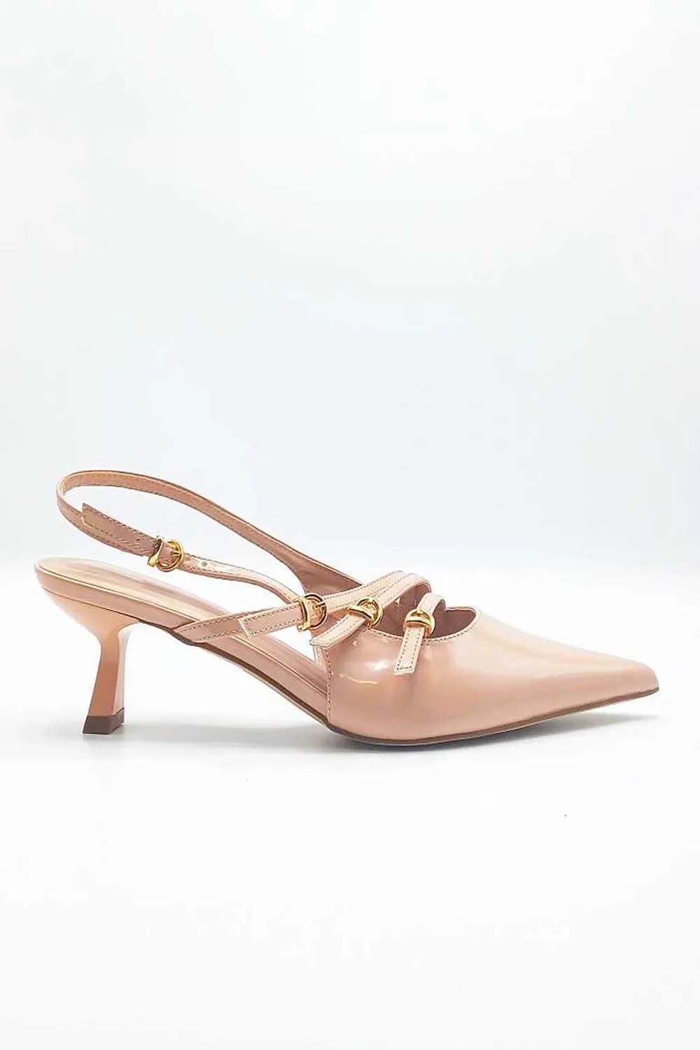 Azzura Pointed Toe 3 Strap Buckle Detail Slingback Court Shoes in Nude