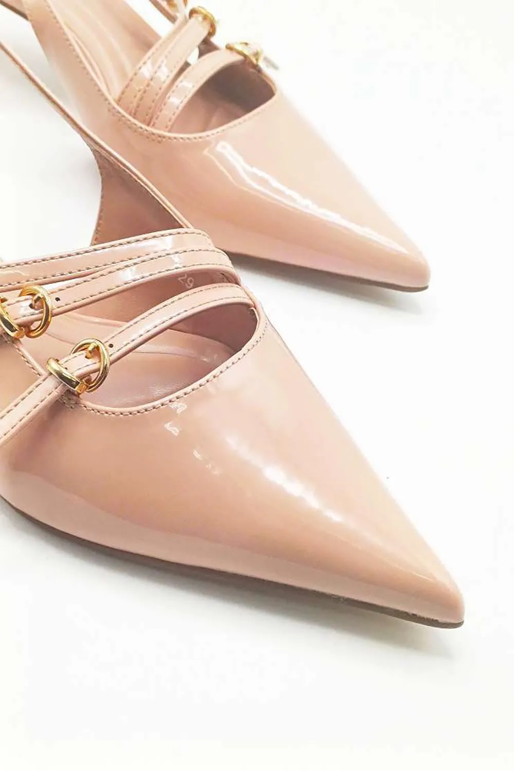 Azzura Pointed Toe 3 Strap Buckle Detail Slingback Court Shoes in Nude