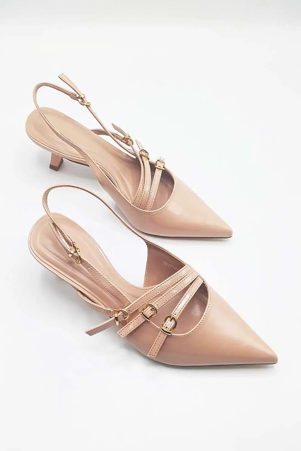 Azzura Pointed Toe 3 Strap Buckle Detail Slingback Court Shoes in Nude