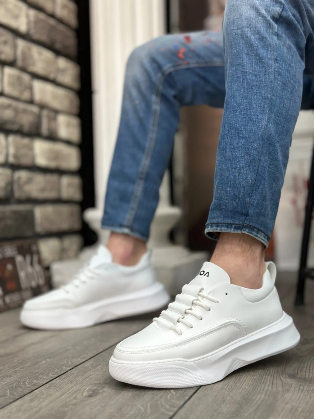 BA0332 Ladder Pattern Lace-Up Men's High Sole White Skin Sports Shoes