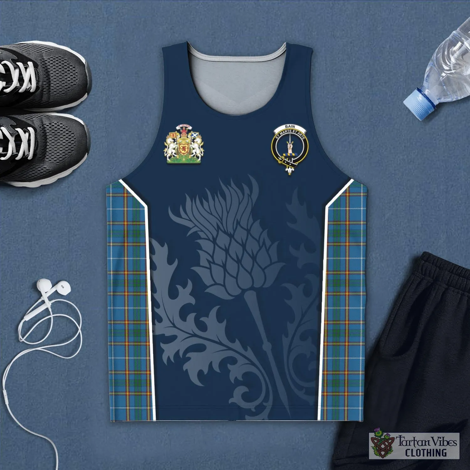 Bain Tartan Men's Tanks Top with Family Crest and Scottish Thistle Vibes Sport Style