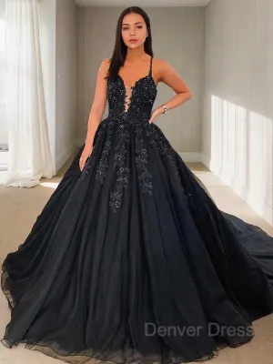 Ball Gown V-neck Court Train Tulle Prom Dresses With Appliques Lace