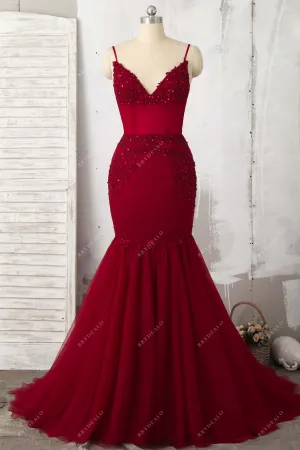 Beaded Ruby Lace Illusion Tulle Trumpet Prom Gown