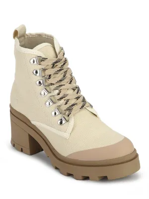 Beige Canvas Lace-up Block Heel Ankle Boots