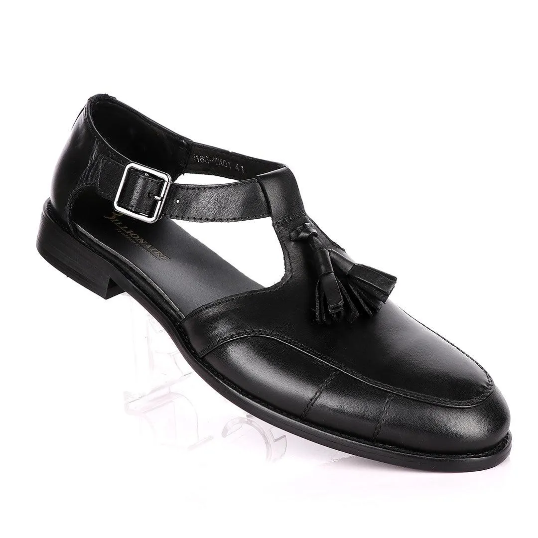 Billionaire Exotic Black Plain with Tassel Cover Leather Sandal