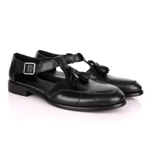 Billionaire Exotic Black Plain with Tassel Cover Leather Sandal