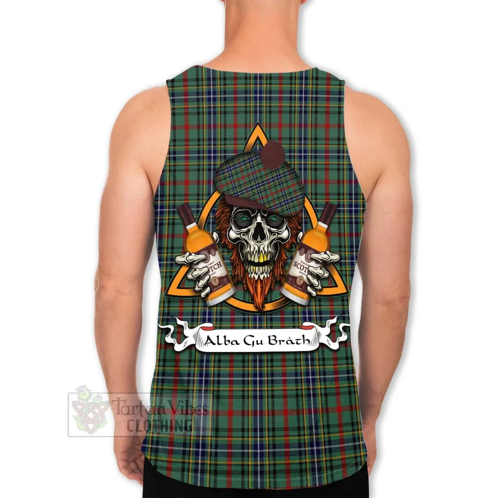 Bisset Tartan Men's Tank Top with Family Crest and Bearded Skull Holding Bottles of Whiskey