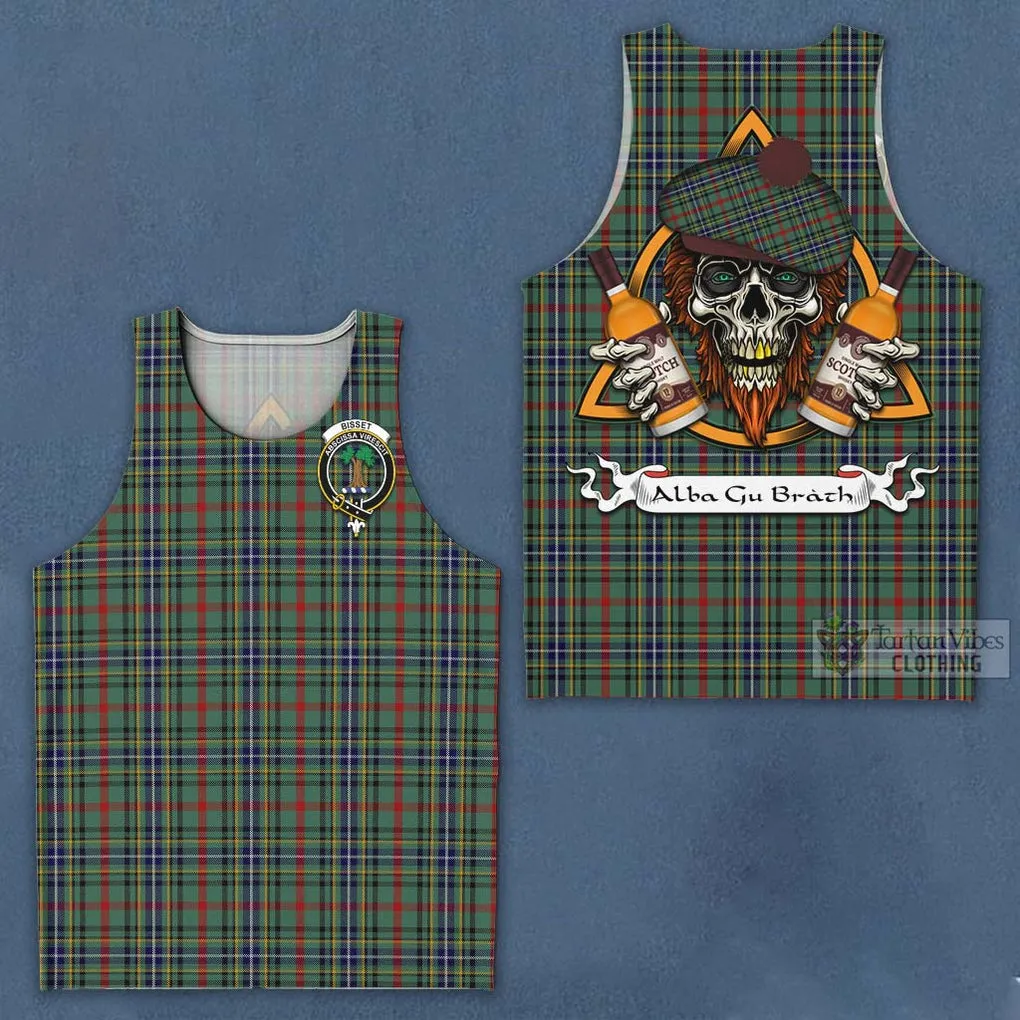 Bisset Tartan Men's Tank Top with Family Crest and Bearded Skull Holding Bottles of Whiskey