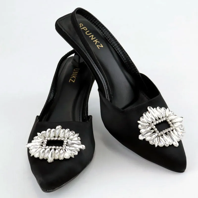 Black Rhinestone Buckle Satin Pumps