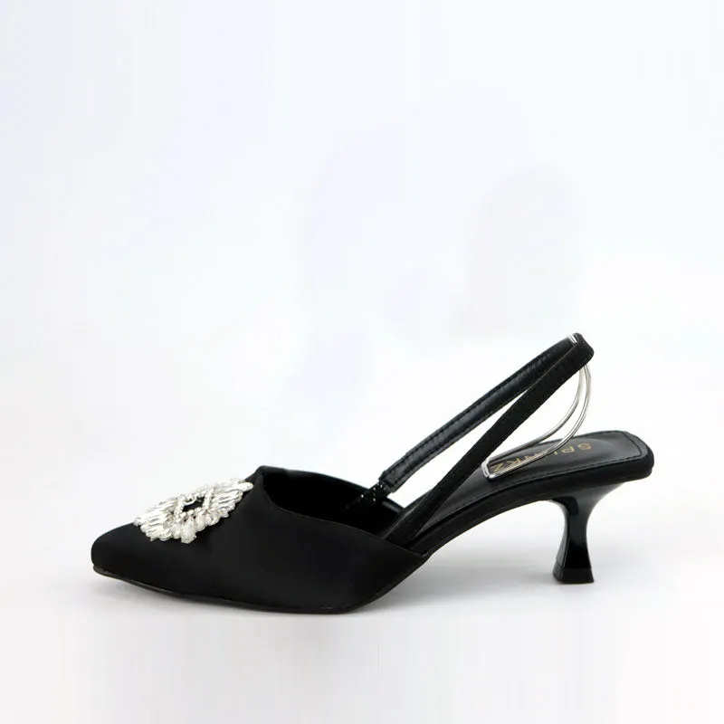 Black Rhinestone Buckle Satin Pumps