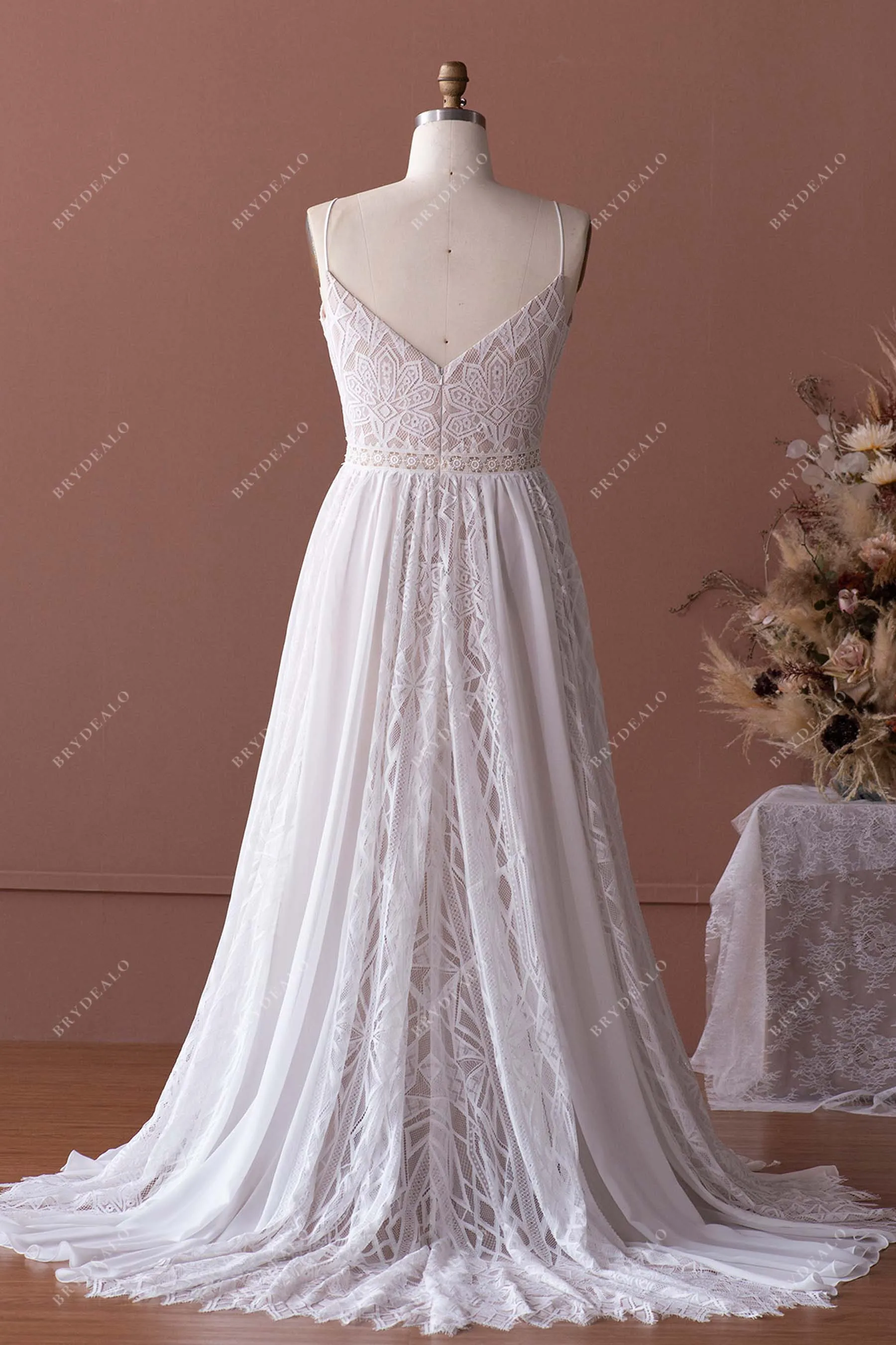 Boho Lace Plus Size Nude A-line Spring Fall Wedding Dress