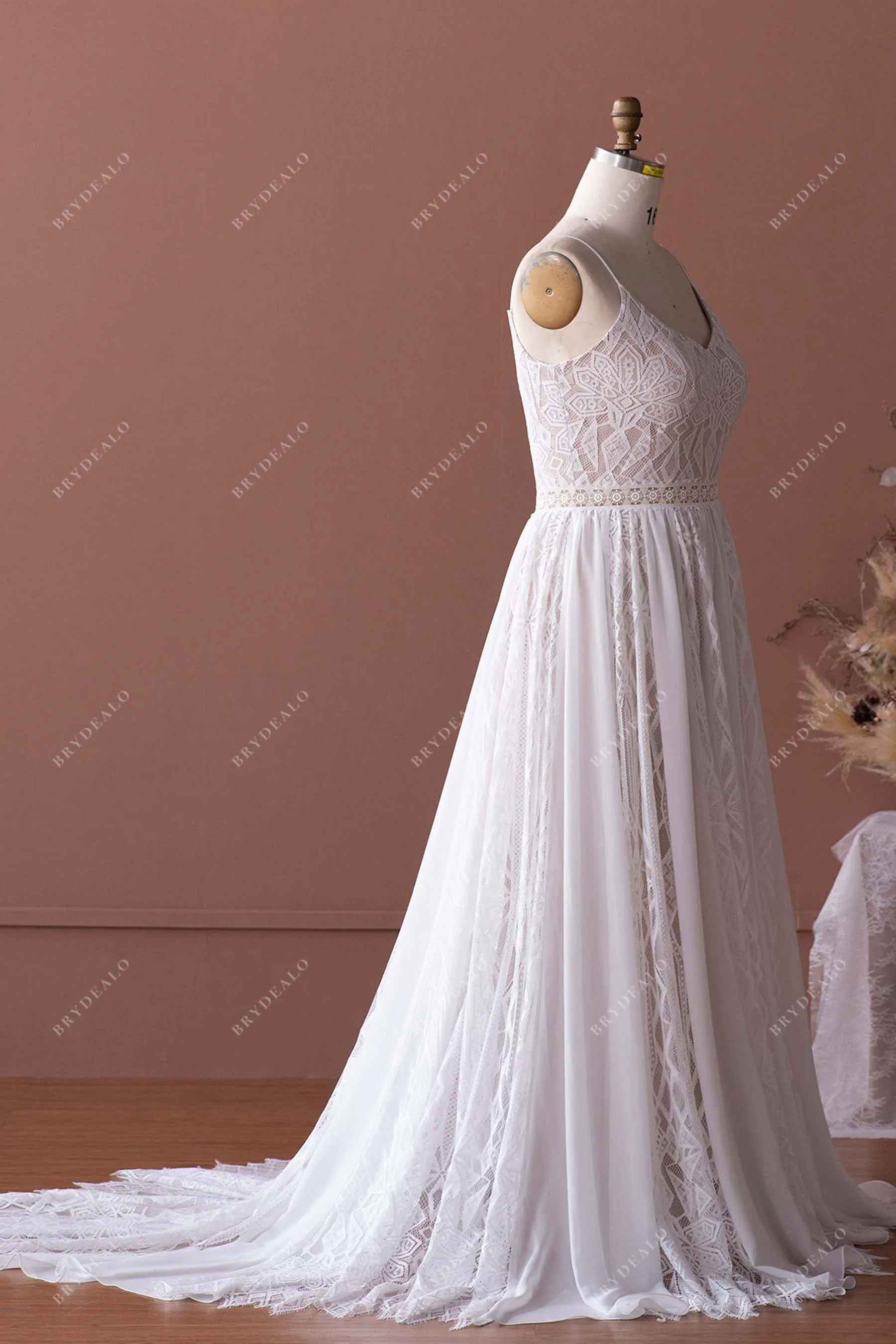 Boho Lace Plus Size Nude A-line Spring Fall Wedding Dress