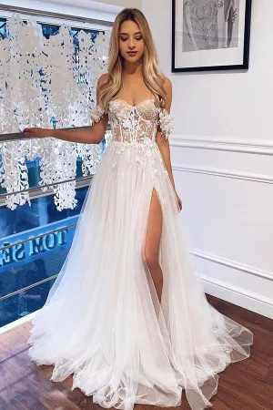 Boho Off-the-Shoulder White A-Line Wedding Dress with Lace