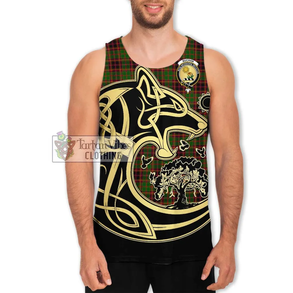 Buchan Tartan Men's Tank Top with Family Crest Celtic Wolf Style