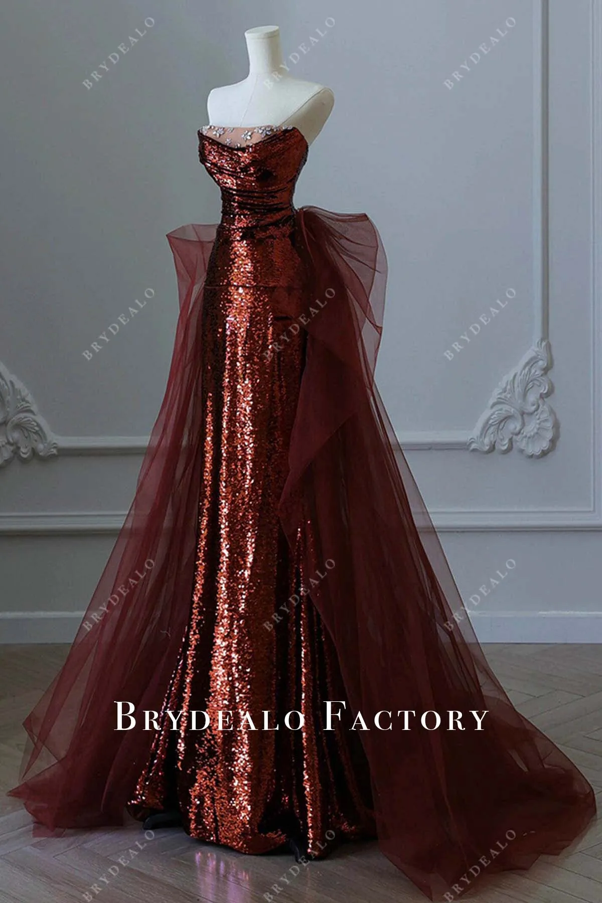 Burgundy Sequin Tulle Strapless Fit and Flare Prom Dress