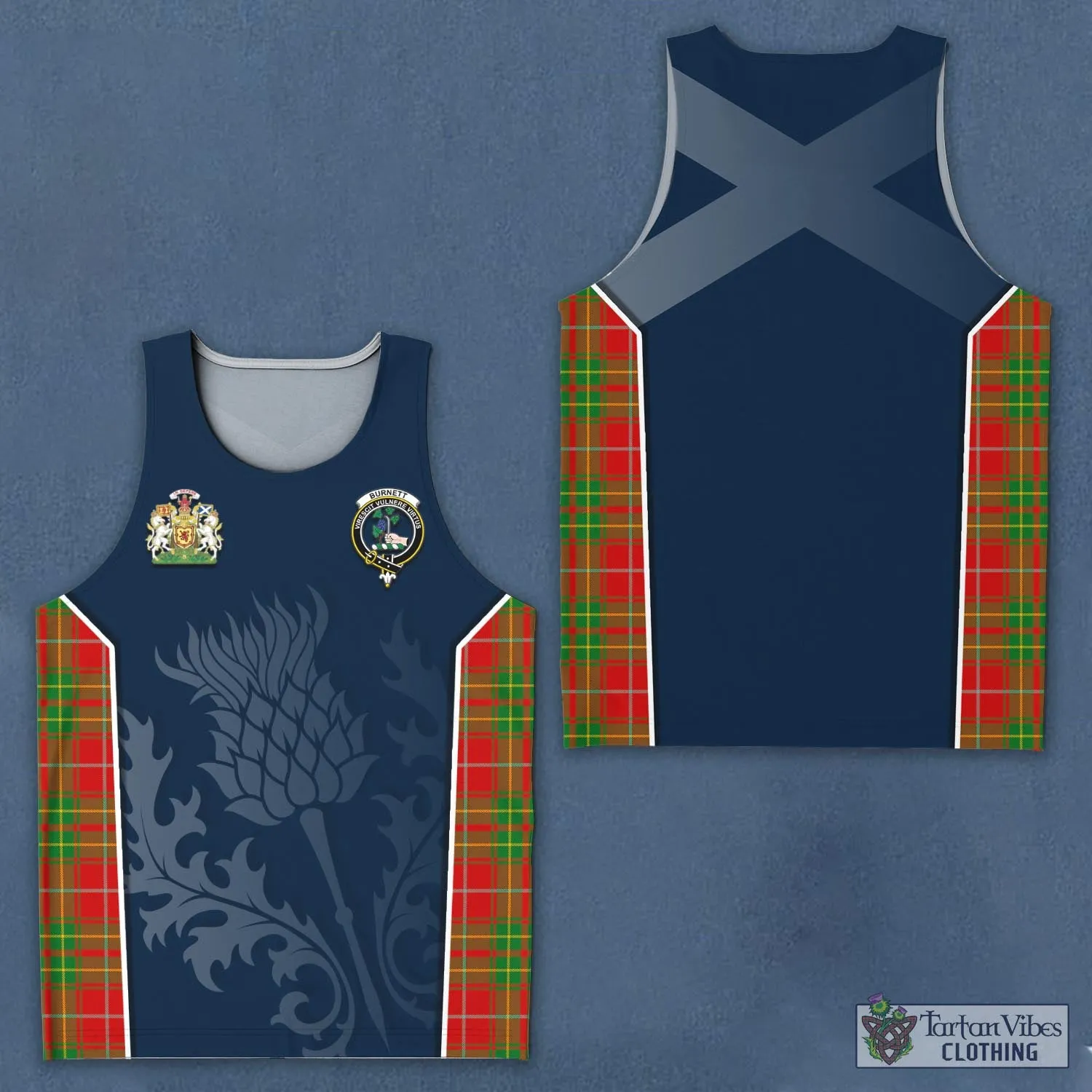 Burnett Tartan Men's Tanks Top with Family Crest and Scottish Thistle Vibes Sport Style