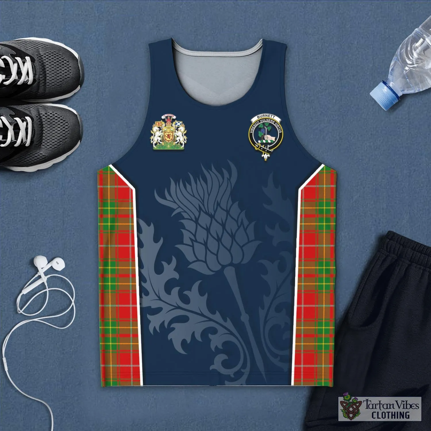 Burnett Tartan Men's Tanks Top with Family Crest and Scottish Thistle Vibes Sport Style