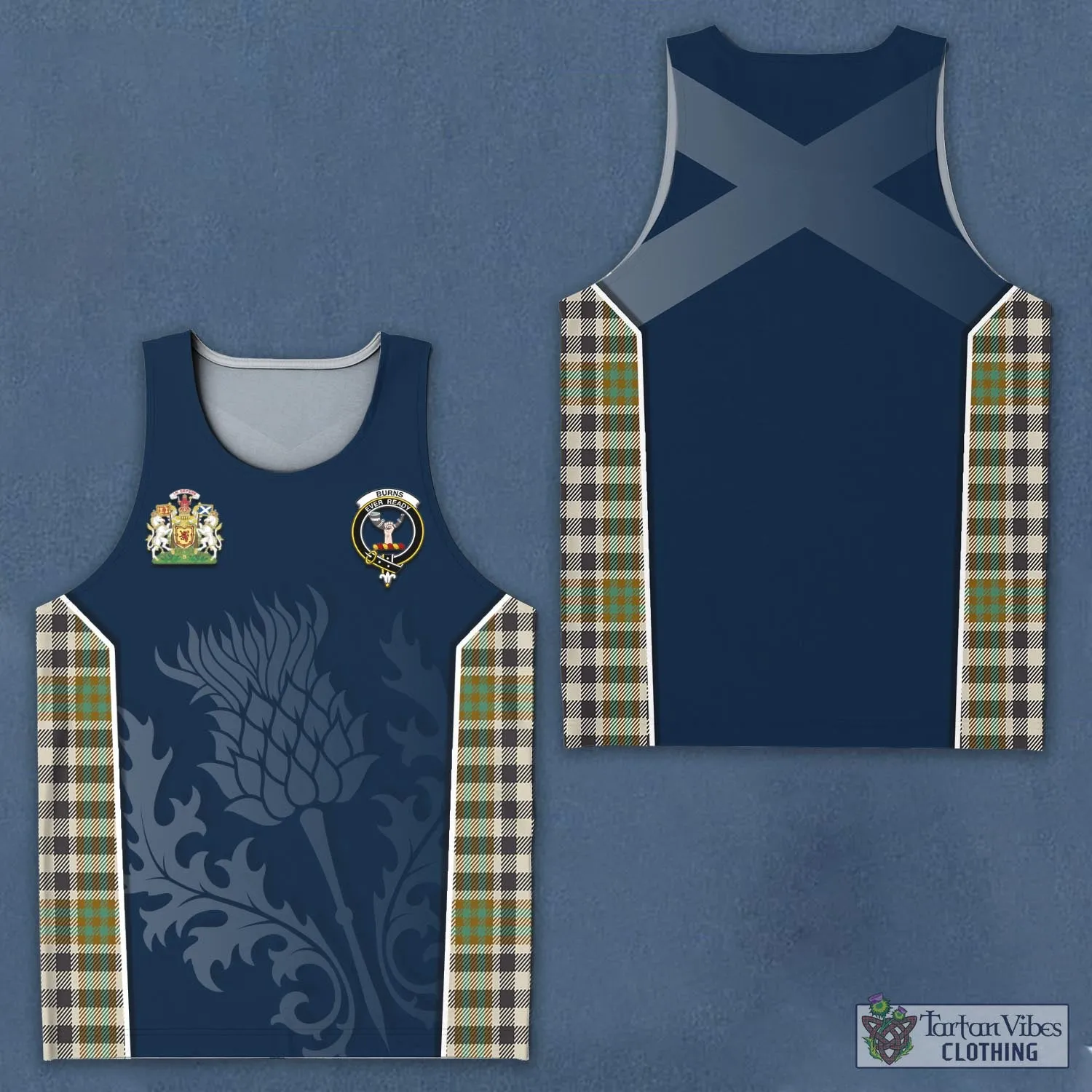 Burns Check Tartan Men's Tanks Top with Family Crest and Scottish Thistle Vibes Sport Style