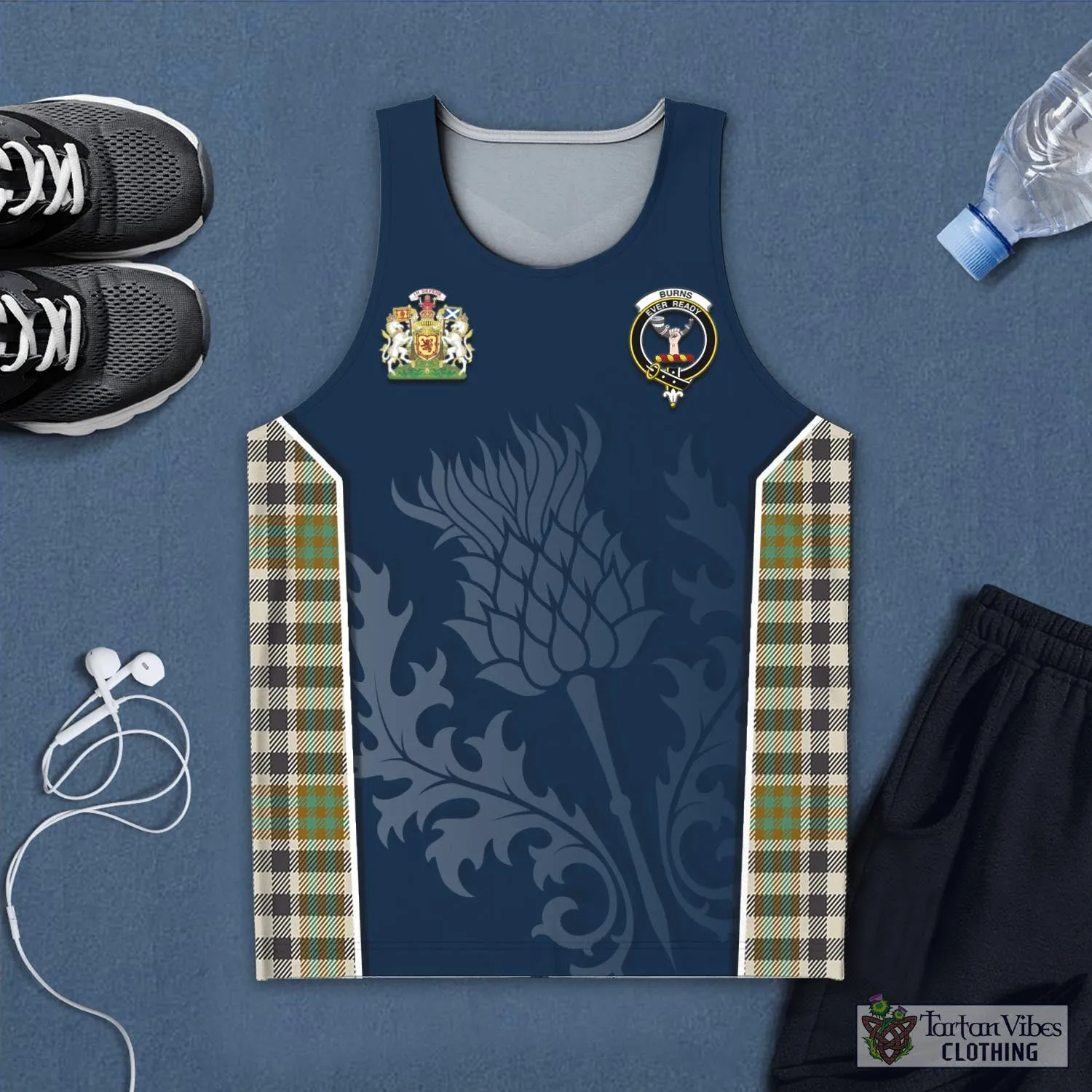 Burns Check Tartan Men's Tanks Top with Family Crest and Scottish Thistle Vibes Sport Style